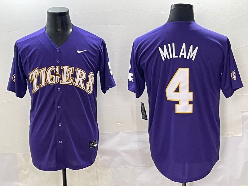 Men 2025 LSU Tigers #4 Milam Purple Joint Name Nike NCAA Jersey style 1